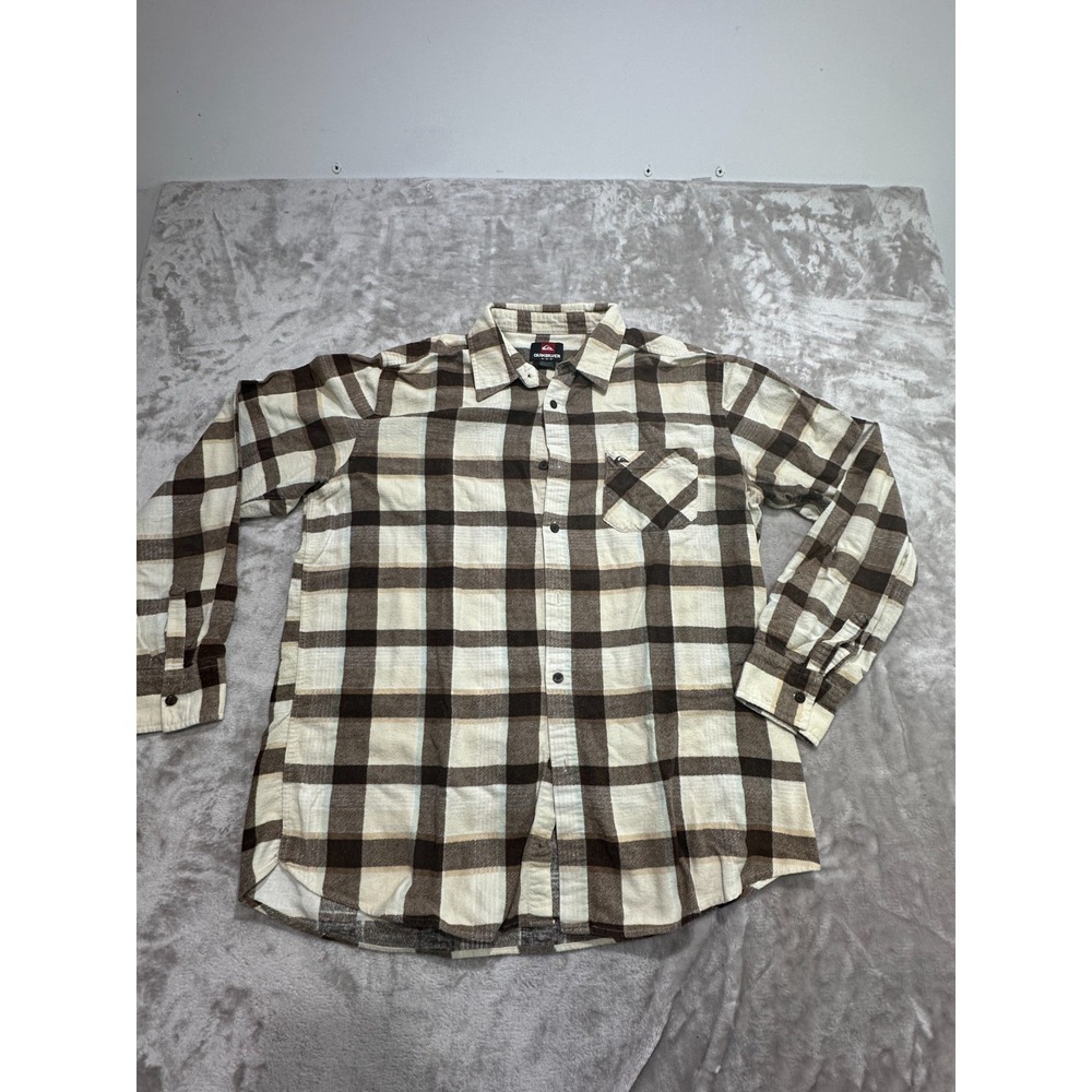 Quiksilver Button Up Shirt Mens Medium‎ Brown Plaid Flannel Long Sleeve EUC